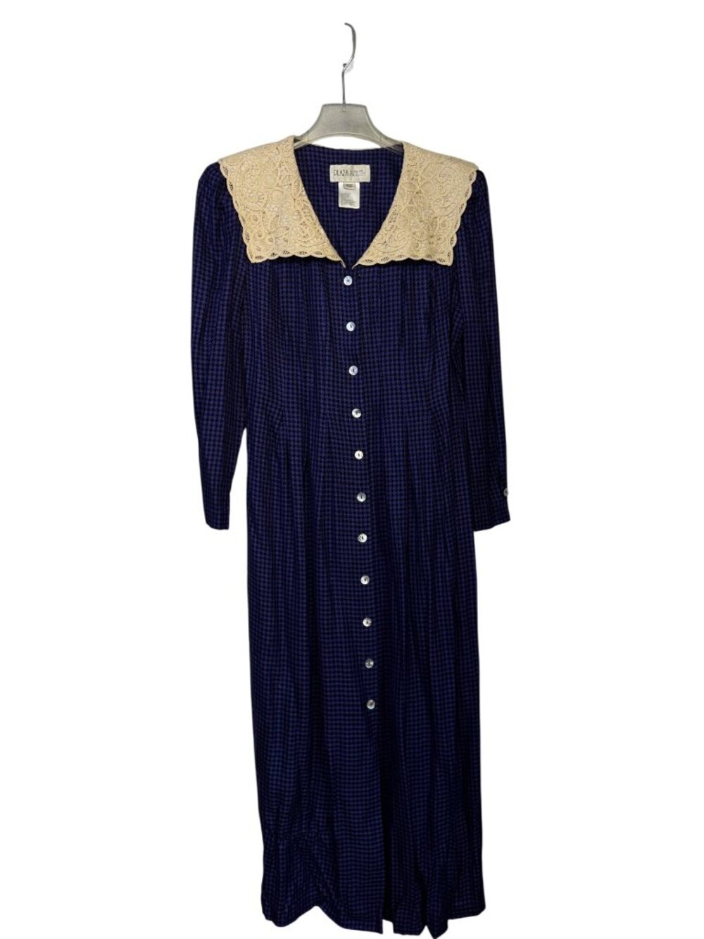 Plaza South Size 12 Long Button Down Dress Navy & Black Houndstooth Lace Collar